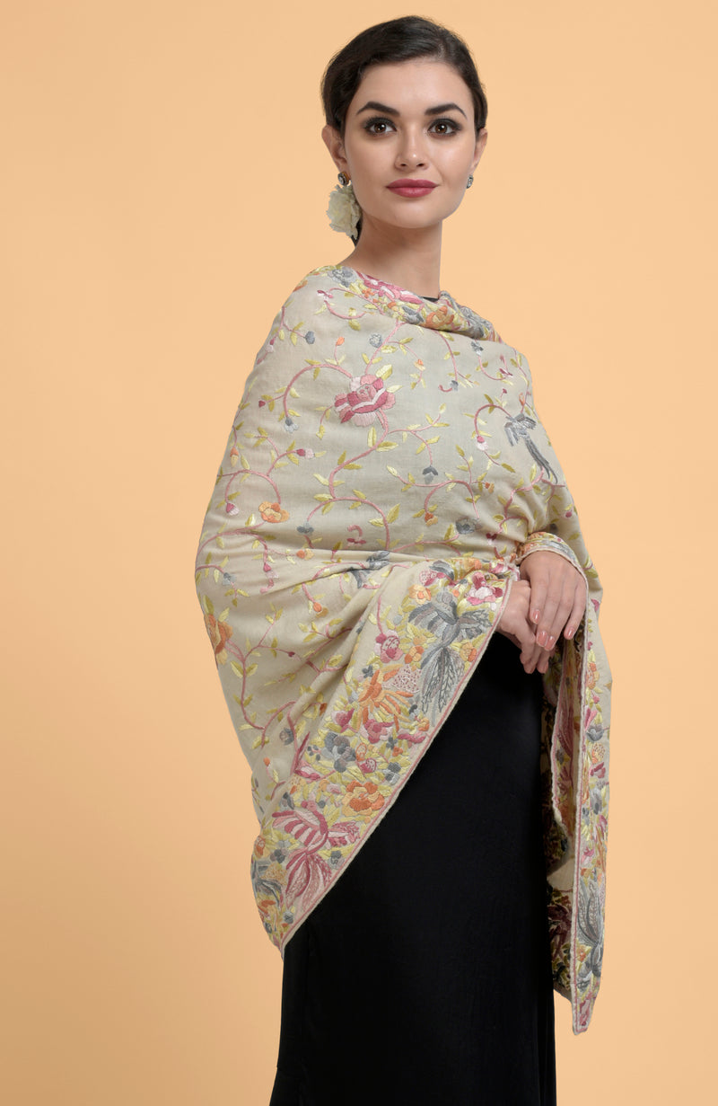 Ivory Parsi Gara Pure Pashmina Shawl