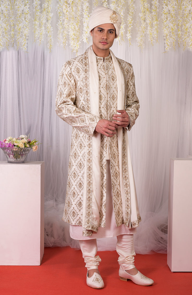 Heart to Heart Ivory Gold Embroidered Sherwani Set