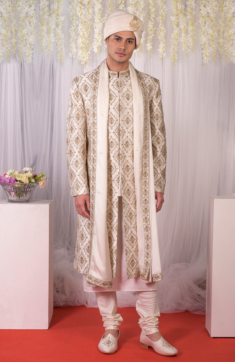 Heart to Heart Ivory Gold Embroidered Sherwani Set