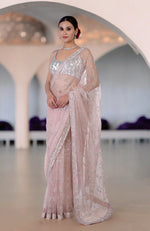 Oyster Pink Silver Beads & Sequin Zardozi Hand Embroidered Saree