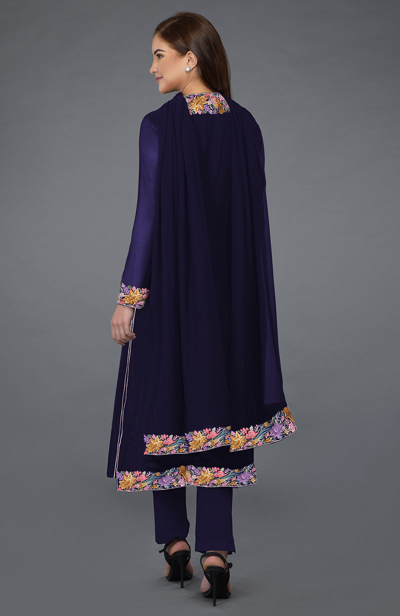 Navy Blue Parsi Gara Embroidered Overlay Suit