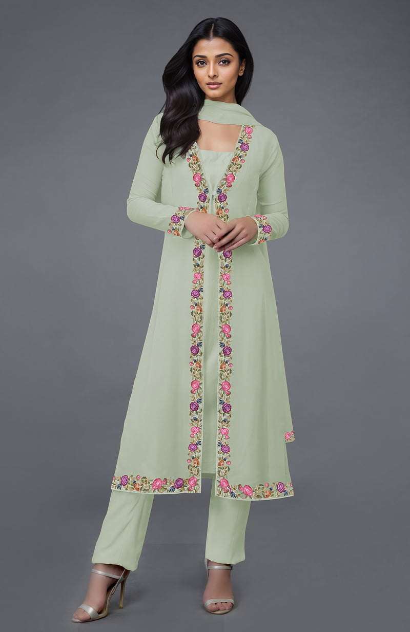 Sage Green Parsi Gara Embroidered Overlay Suit