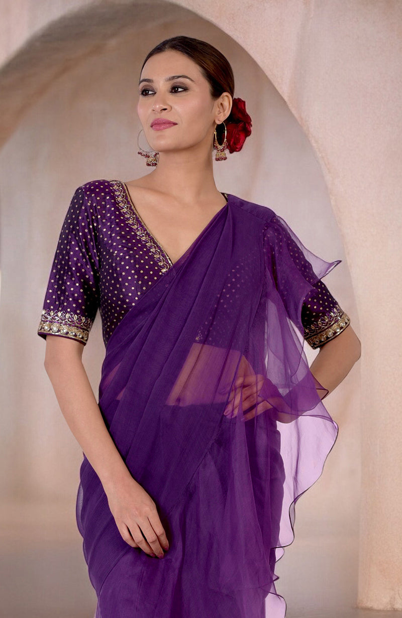 Plum Ruffle Saree with Banarasi Brocade Hand Embroidered Blouse