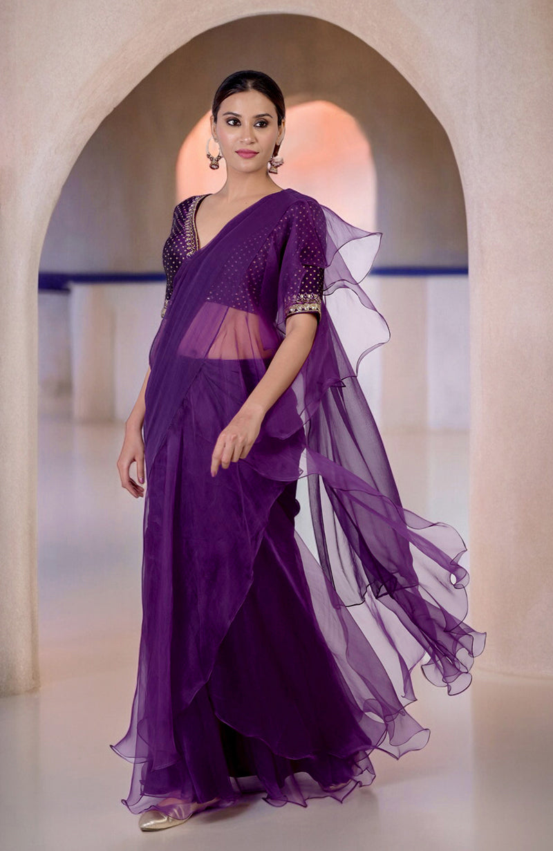 Plum Ruffle Saree with Banarasi Brocade Hand Embroidered Blouse