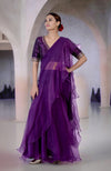 Plum Ruffle Saree with Banarasi Brocade Hand Embroidered Blouse