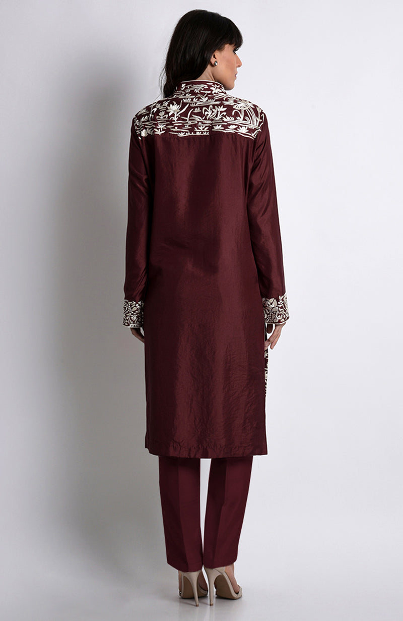 Maroon Parsi Gara Embroidered Jacket Set