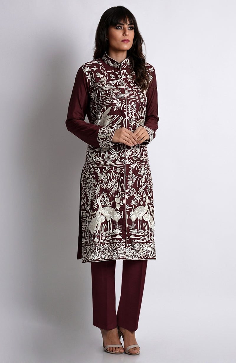 Maroon Parsi Gara Embroidered Jacket Set