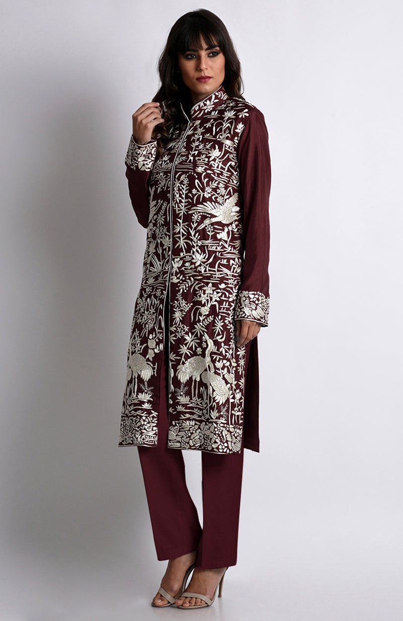 Maroon Parsi Gara Embroidered Jacket Set