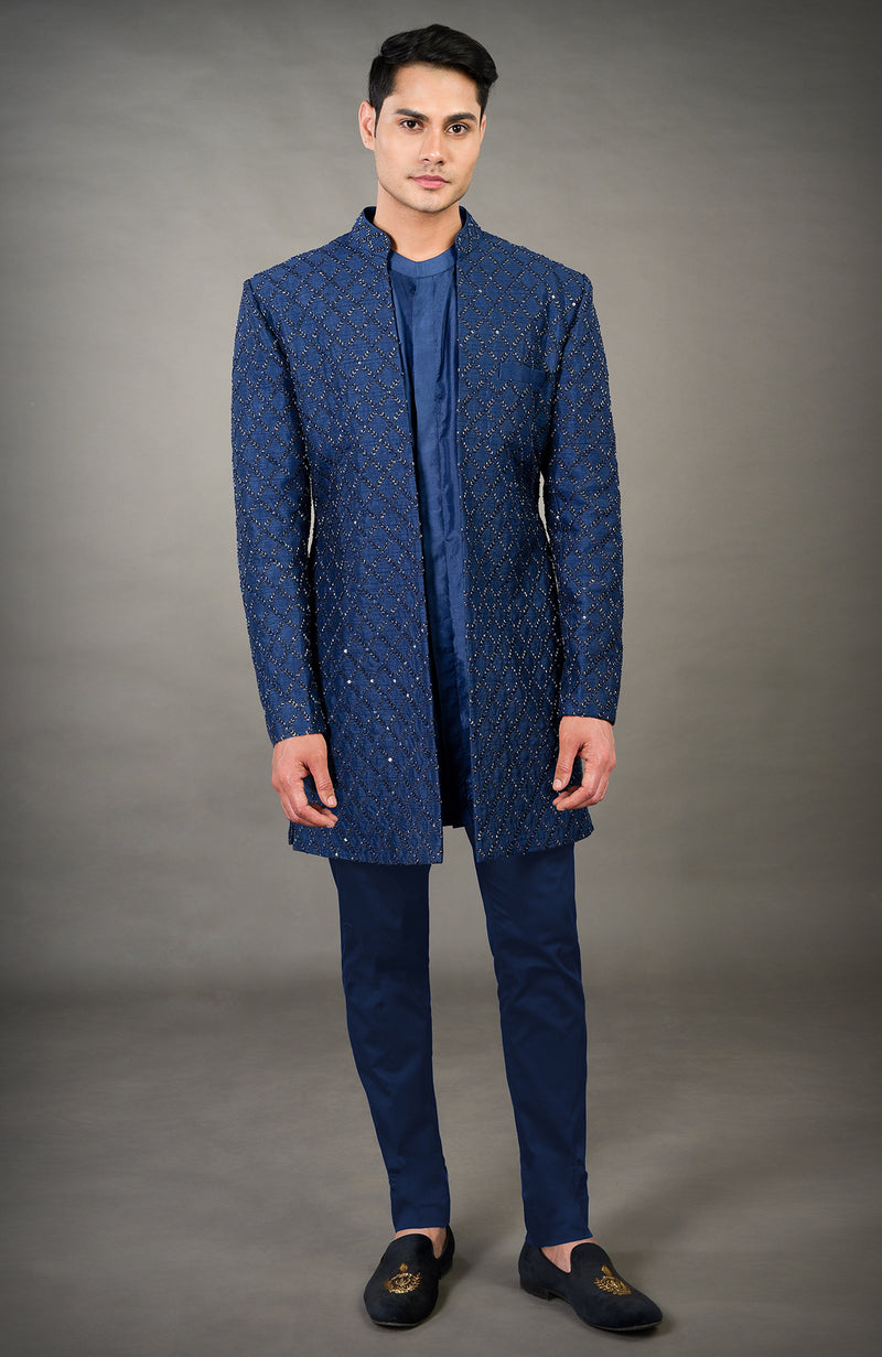 Navy Blue Chikankari Embellished Jacket Set