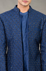 Navy Blue Chikankari Embellished Jacket Set