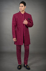 Maroon Chikankari Embellished Jacket Set