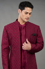 Maroon Chikankari Embellished Jacket Set