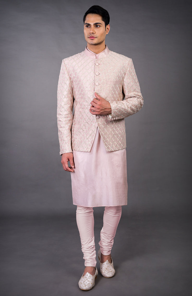 Barely Pink Chikankari Embellished Bandhgala Set