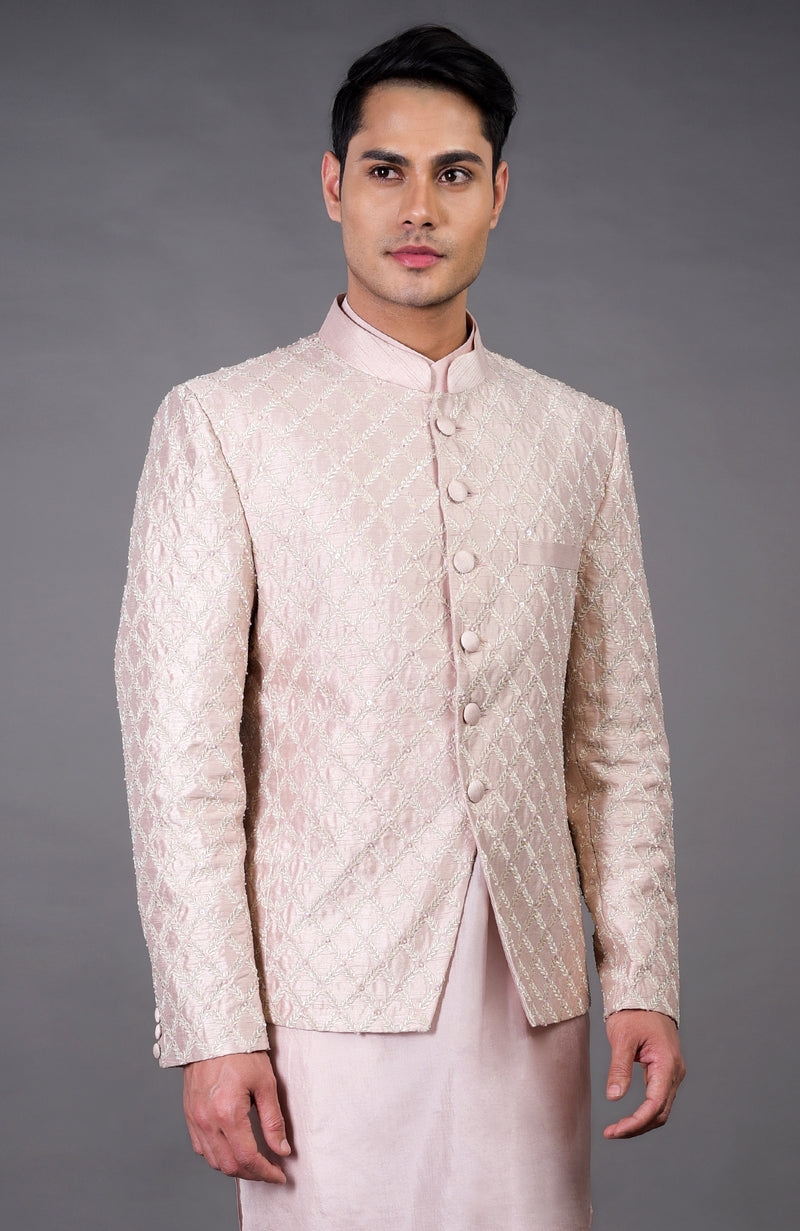 Barely Pink Chikankari Embellished Bandhgala Set