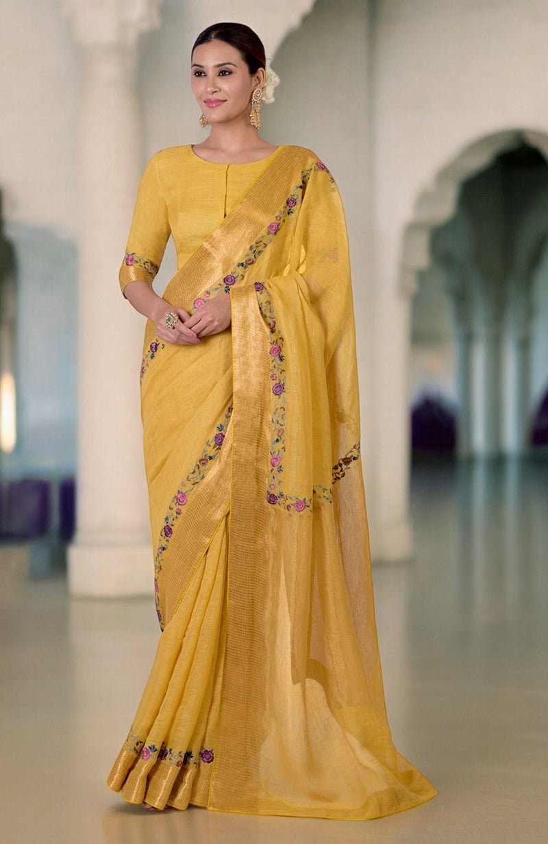 Calendula Yellow Parsi Gara Embroidered Linen Saree