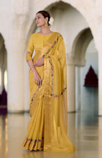 Calendula Yellow Parsi Gara Embroidered Linen Saree