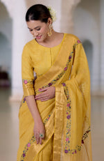 Calendula Yellow Parsi Gara Embroidered Linen Saree