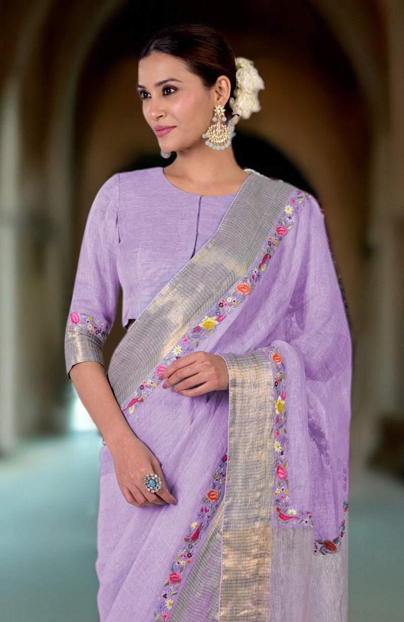 Lilac Breeze Parsi Gara Embroidered Linen Saree