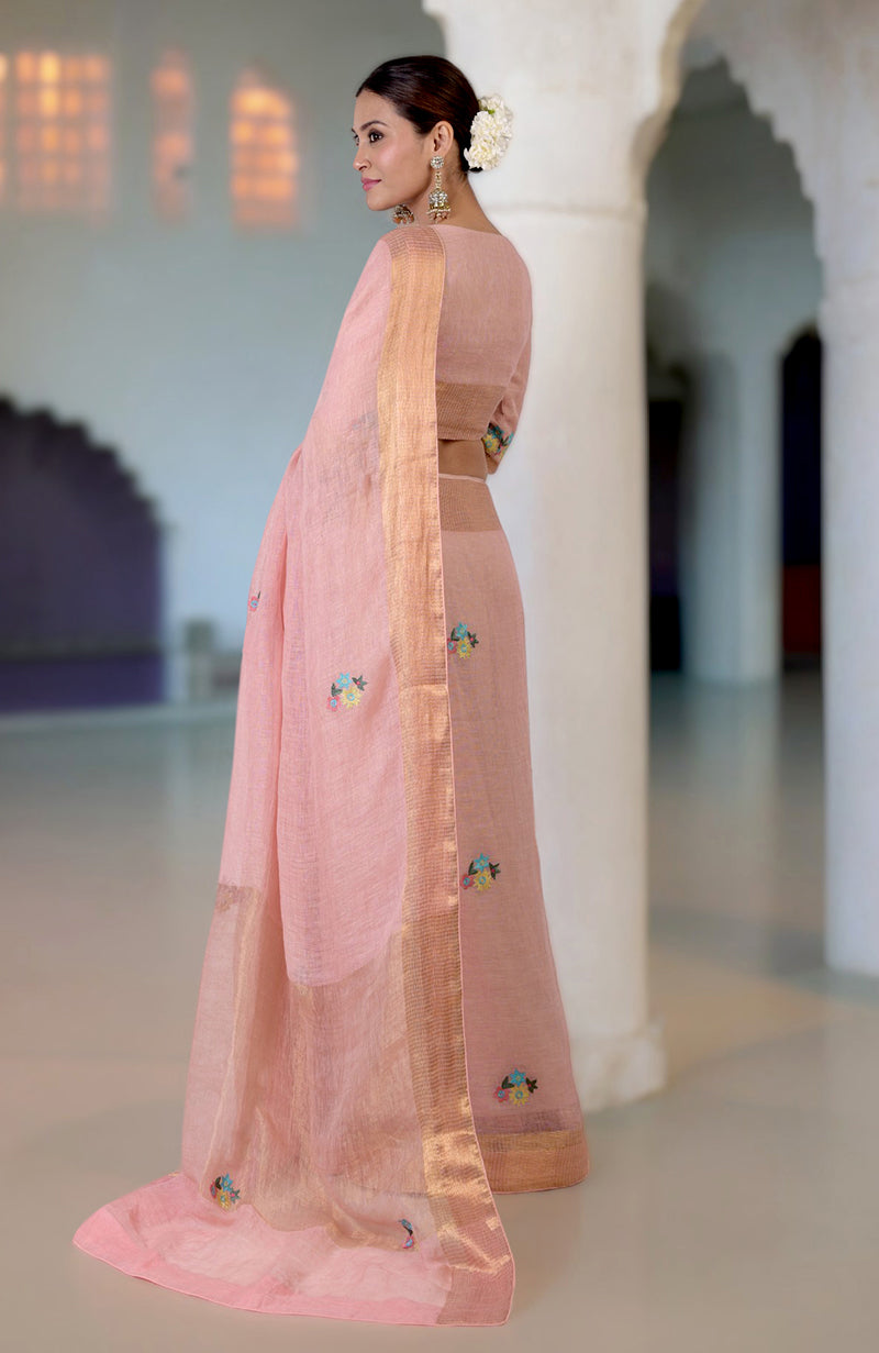 Pink Champagne Kashidakari Embroidered Linen Saree