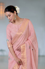 Pink Champagne Kashidakari Embroidered Linen Saree