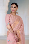 Pink Champagne Kashidakari Embroidered Linen Saree