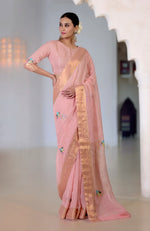 Pink Champagne Kashidakari Embroidered Linen Saree