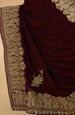 Burgundy Kashmiri Gold Tilla Aari Embroidered Velvet Saree