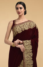 Burgundy Kashmiri Gold Tilla Aari Embroidered Velvet Saree