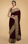 Burgundy Kashmiri Gold Tilla Aari Embroidered Velvet Saree