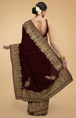 Burgundy Kashmiri Gold Tilla Aari Embroidered Velvet Saree