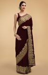 Burgundy Kashmiri Gold Tilla Aari Embroidered Velvet Saree