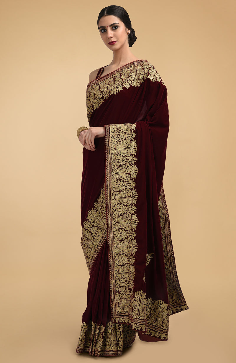 Burgundy Kashmiri Gold Tilla Aari Embroidered Velvet Saree