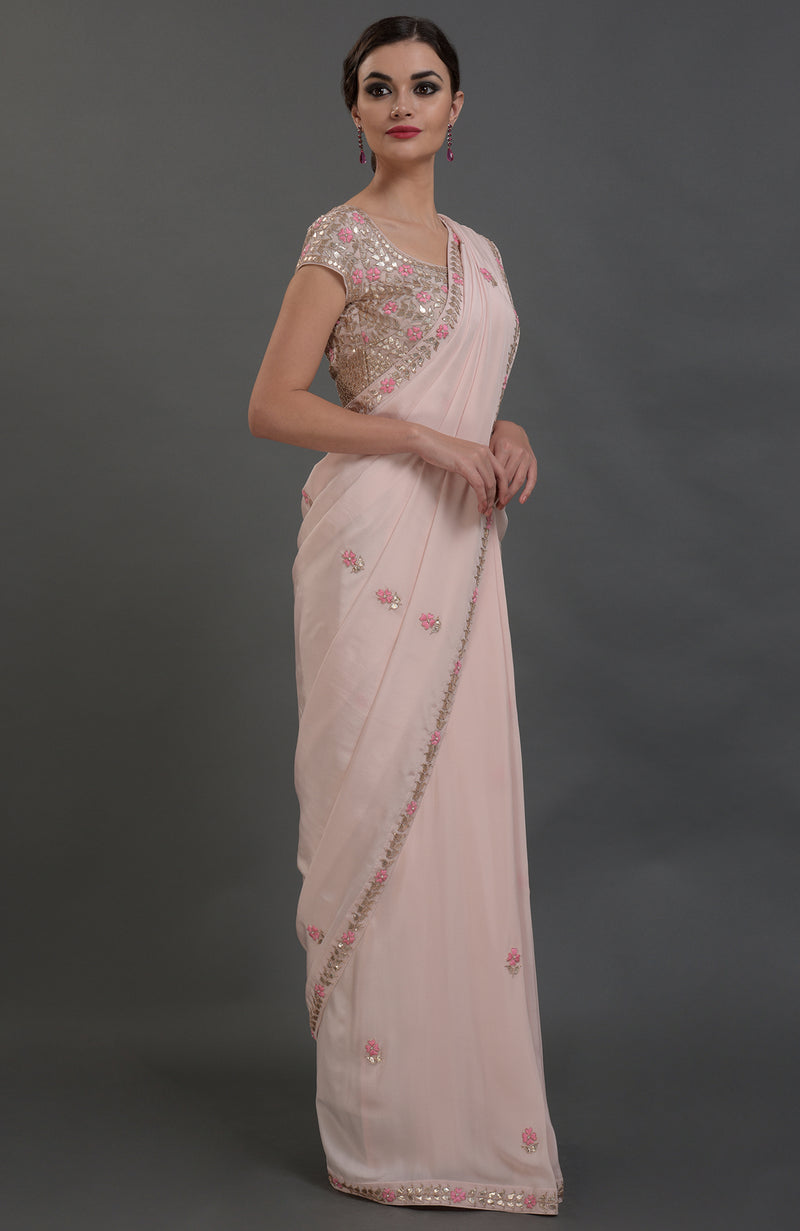 Nude Pink Hand Embroidered Gota Patti Pure Crepe Saree