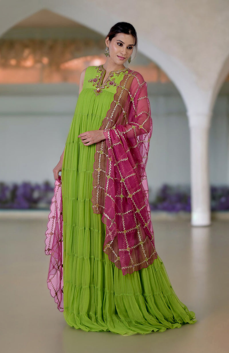 Green Glow Zardozi Hand Embroidered Tiered Dress & Dupatta