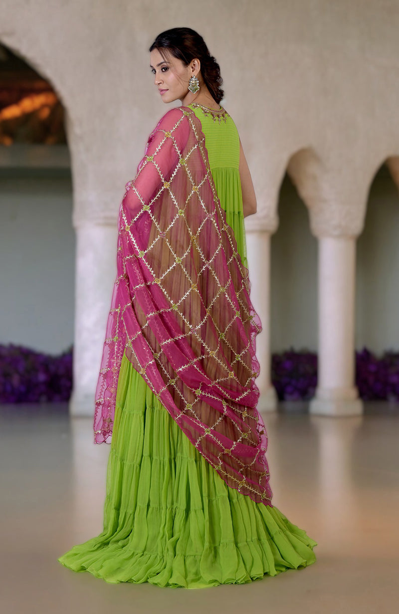 Green Glow Zardozi Hand Embroidered Tiered Dress & Dupatta