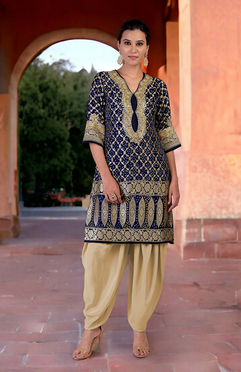 Navy Blue Bandhej Zardozi Handcrafted Kurta Set