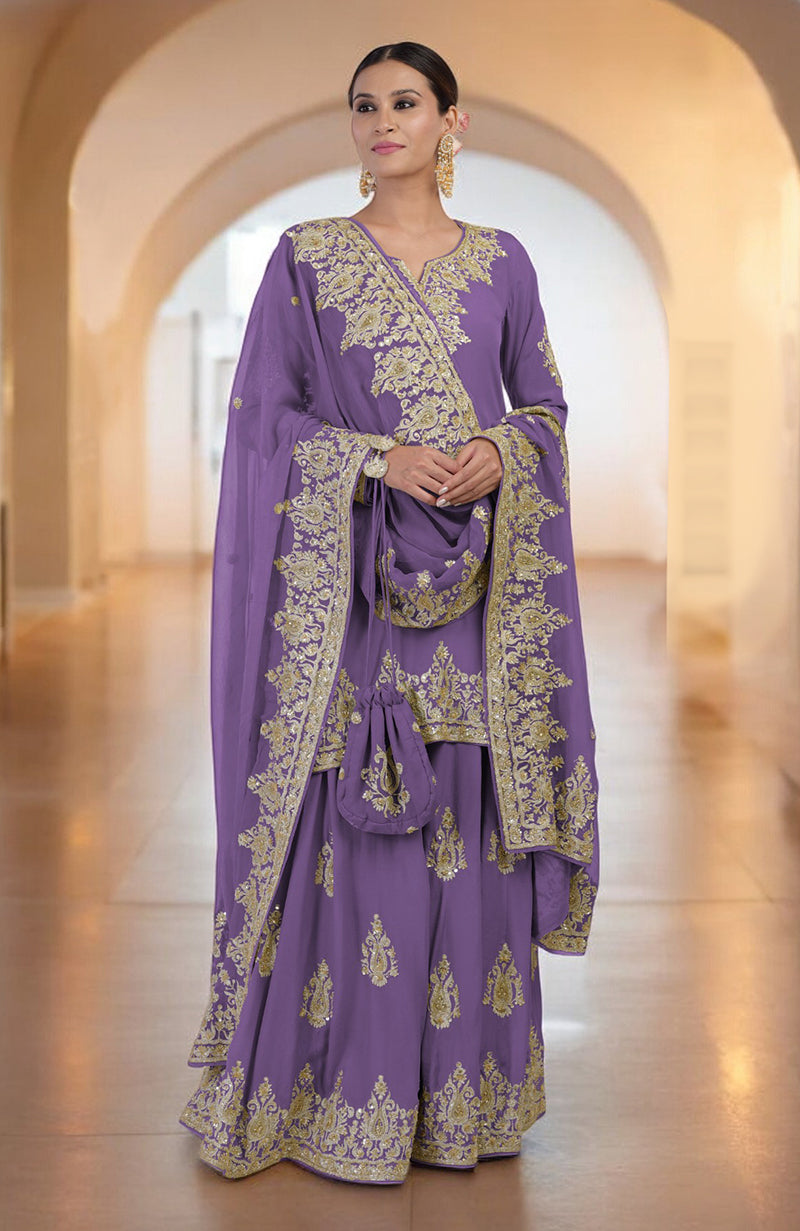 Amethyst Orchid Gold Kashmiri Tilla & Zardozi Hand Embroidered Sharara Set