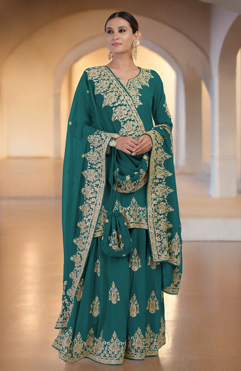 Proud Peacock Gold Kashmiri Tilla & Zardozi Hand Embroidered Sharara Set