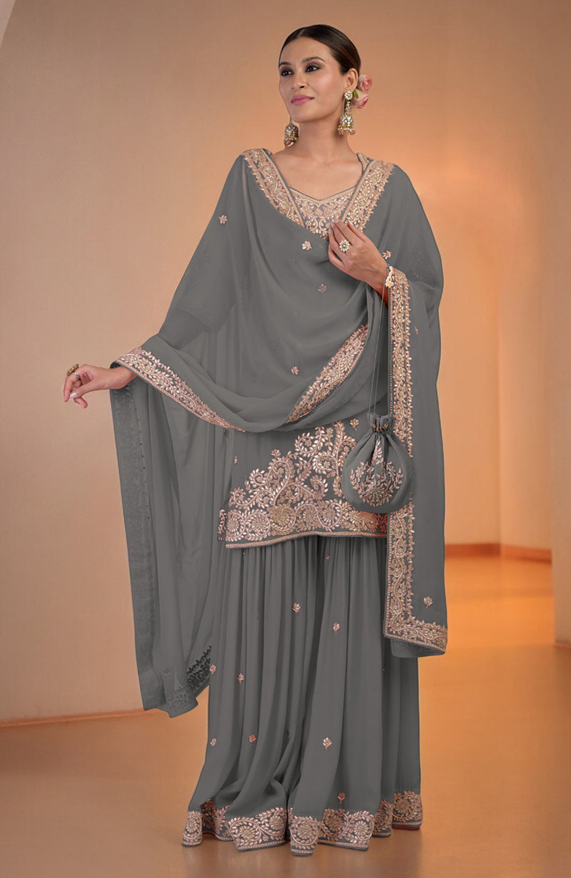 Grey Marori Gota Patti & Zardozi Hand Embroidered Sharara Set