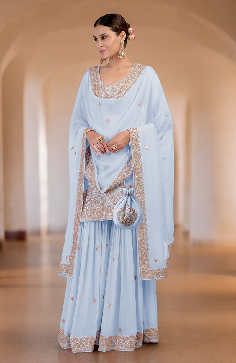 Illusion Blue Marori Gota Patti & Zardozi Hand Embroidered Sharara Set