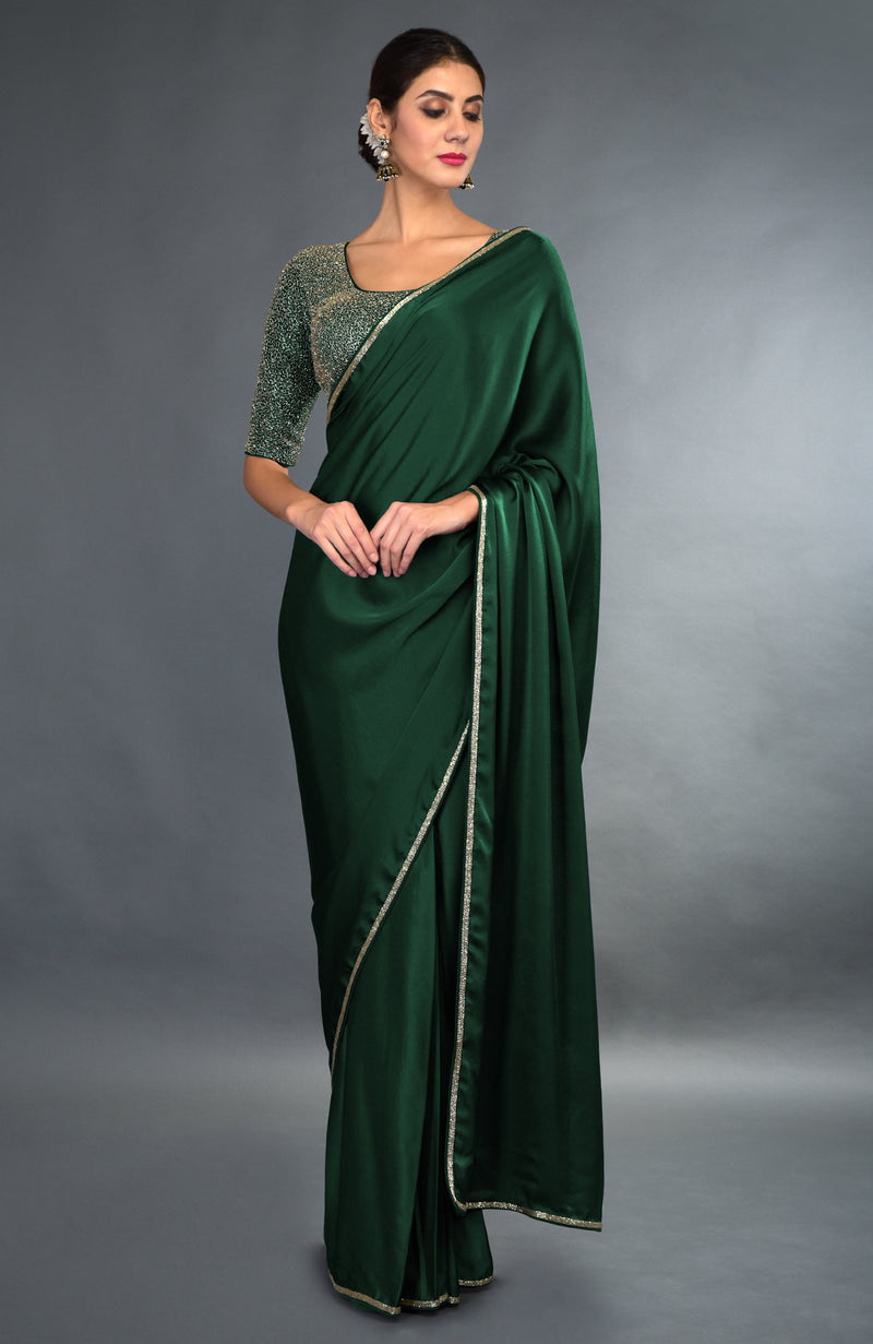 Emerald Green Zardozi Hand Embroidered Saree and Blouse