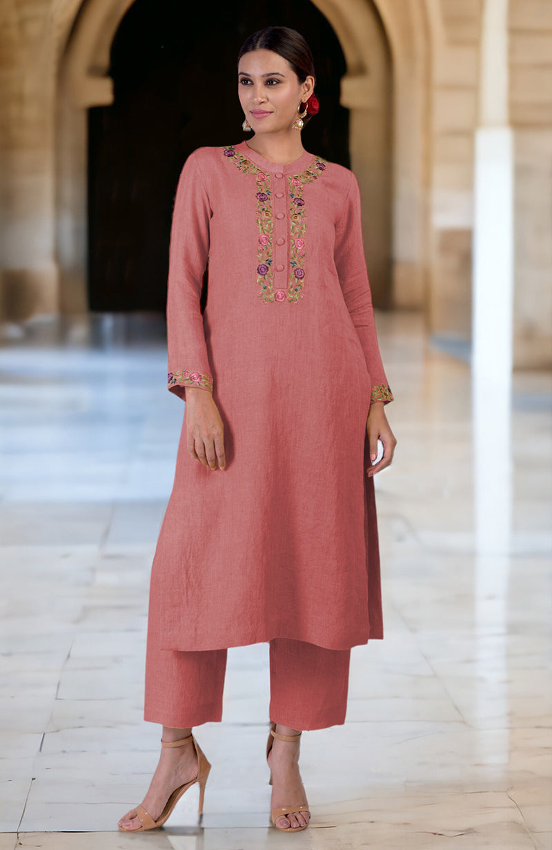 Calendula Yellow Parsi Gara Embroidered Linen Kurta Set