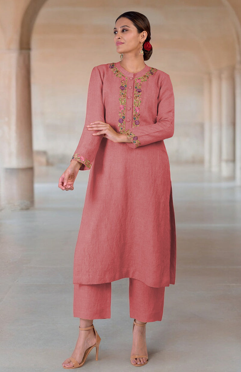 Smoky Grape Parsi Gara Embroidered Linen Kurta Set