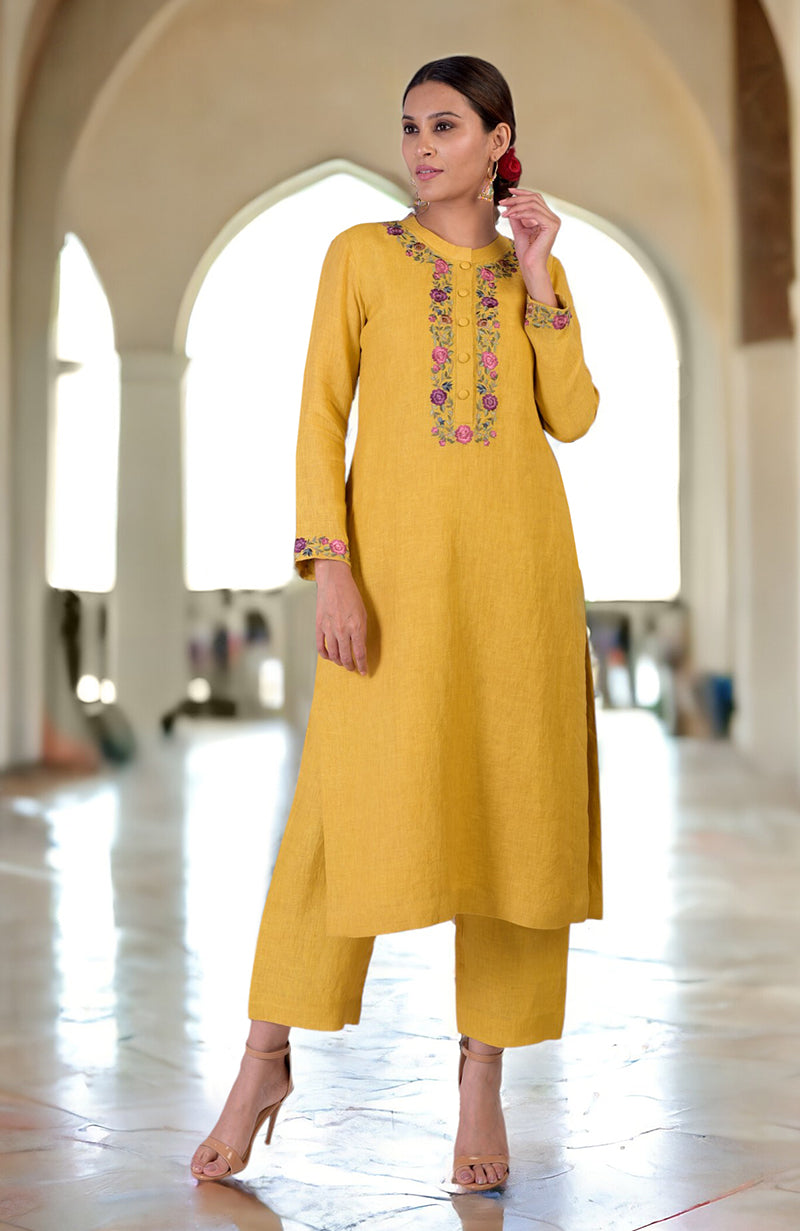 Calendula Yellow Parsi Gara Embroidered Linen Kurta Set