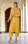 Calendula Yellow Parsi Gara Embroidered Linen Kurta Set