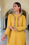 Calendula Yellow Parsi Gara Embroidered Linen Kurta Set