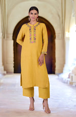 Smoky Grape Parsi Gara Embroidered Linen Kurta Set