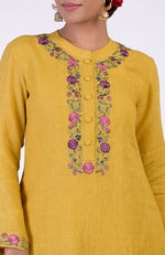 Calendula Yellow Parsi Gara Embroidered Linen Kurta Set