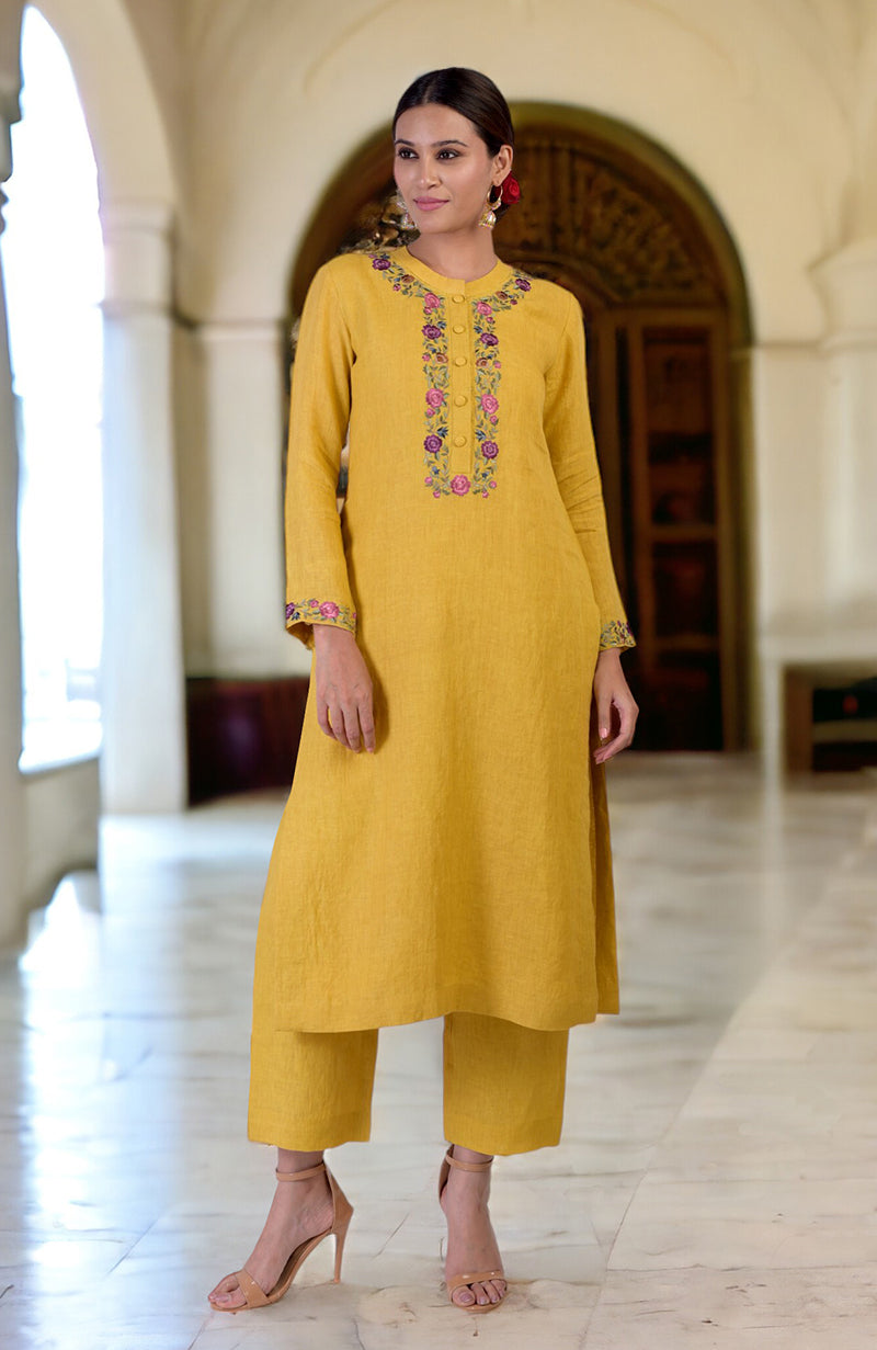 Calendula Yellow Parsi Gara Embroidered Linen Kurta Set