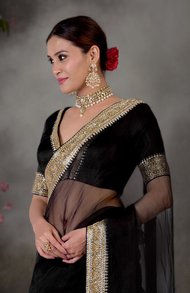 Black Beads & Zardozi Hand Embroidered Saree